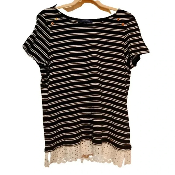Tommy Hilfiger navy and white striped top with eyelet hem edging  Size XL - Picture 1 of 5